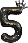 Flippy Balon din Folie Metalizata Flippy, Figurina Cifra si Coroana, Scris Happy Birthday, Tema Aniversare 100 cm, Ambalaj Individual, Pai inclus, Umflare cu Aer sau Heliu, Negru, Cifra 5 (129262)