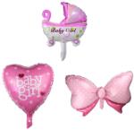 Flippy Set 3 Baloane din Folie Metalizata, Flippy, Figurine Carucior, Inima, Fundita, Tema Botez, 45 cm, Ambalaj Individual, Pai Inclus, Umflare cu Aer sau Heliu, Roz (130973)
