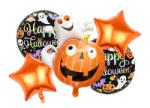 Flippy Set 5 Baloane din Folie Metalizata, Flippy, Figurine, Tema Halloween, Pai Inclus, Ambalaj Individual, Umflare cu Aer sau Heliu, Figurina Dovleac cu Fantoma 64x80 cm, Stelute si Cerculete 45 cm, Multic