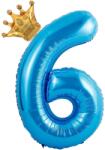 Flippy Balon din Folie Metalizata Flippy, Figurina Cifra si Coroana, Tema Aniversare 100 cm, Ambalaj Individual, Pai inclus, Umflare cu Aer sau Heliu, Albastru, Cifra 6 (129253)