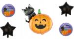 Flippy Set 5 Baloane din Folie Metalizata, Flippy, Figurine, Tema Halloween, Pai Inclus, Ambalaj Individual, Umflare cu Aer sau Heliu, Figurina Dovleac si Pisica 84x69 cm, Stelute si Cerculete 45 cm, Multico