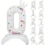 Flippy Balon din Folie Metalizata, Flippy, Figurina Cifra, Model 0 cu Happy Birthday Scris, Tema Aniversare 81 cm, Ambalaj Individual, Pai Inclus, Umflare cu Aer sau Heliu, Alb (133936)