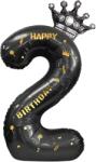 Flippy Balon din Folie Metalizata Flippy, Figurina Cifra si Coroana, Scris Happy Birthday, Tema Aniversare 100 cm, Ambalaj Individual, Pai inclus, Umflare cu Aer sau Heliu, Negru, Cifra 2 (129259)