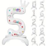 Flippy Balon din Folie Metalizata, Flippy, Figurina Cifra, Model 5 cu Happy Birthday Scris, Tema Aniversare 81 cm, Ambalaj Individual, Pai Inclus, Umflare cu Aer sau Heliu, Alb (133941)