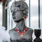 Ezera Colier boho cu cipsuri de Coral Rosu si Perle naturale din otel inoxidabil placat cu aur de 14K (CBOHOSS)