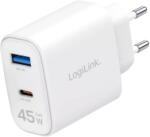 LogiLink Kettős USB aljzatú adapter, 45 W, GaN, 1x USB-A, 1x USB-C, fehér (PA0410)