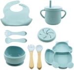 Flippy Set 10 piese diversificare bebelusi si copii din silicon Flippy, baveta, farfurie compartimentata cu ventuza, bol cu ventuza, tacamuri din lemn si silicon, cana pentru gustari, fara alergeni, baby blu Bavata