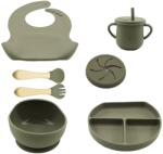 Flippy Set 8 piese diversificare bebelusi si copii din silicon Flippy, baveta, farfurie compartimentata cu ventuza, bol cu ventuza, tacamuri din lemn si silicon, cana pentru gustari, fara alergeni, verde inc Bavata