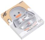 Flippy Set diversificare bebelusi Flippy, din silicon, 23.5 x 12.5 cm, 1 farfurie compartimentata in forma de pinguin, lingurita si furculita, pai, perie pai, fara alergeni, ventuza fixare, forma creativa, g Set pentru masa bebelusi