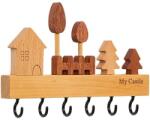 Flippy Suport pentru Chei, Flippy, din Lemn, Aplicare fara Perforare, Adeziv Inclus, 6 Carlige Negre, Model Casuta, Greutate Suportata 5 kg, 14.5 x 2 x 22.5 cm, Maro (132553)