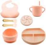 Flippy Set 8 piese diversificare bebelusi si copii din silicon Flippy, baveta, farfurie compartimentata cu ventuza, bol cu ventuza, tacamuri din lemn si silicon, cana pentru gustari, fara alergeni, roz (125283) Bavata
