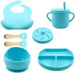 Flippy Set 8 piese diversificare bebelusi si copii din silicon Flippy, baveta, farfurie compartimentata cu ventuza, bol cu ventuza, tacamuri din lemn si silicon, cana pentru gustari, fara alergeni, albastru  Bavata