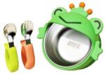 Flippy Set 3 Piese Diversificare Bebelusi si Copii, Flippy, Bol, Lingura si Furculita, Model Broscuta, din Silicon si Otel Inoxidabil, Verde (132832) Set pentru masa bebelusi