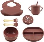 Flippy Set 8 piese diversificare bebelusi si copii din silicon Flippy, baveta, farfurie compartimentata cu ventuza, bol cu ventuza, tacamuri din lemn si silicon, cana pentru gustari, fara alergeni, maro (125 Bavata