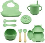 Flippy Set 10 piese diversificare bebelusi si copii din silicon Flippy, baveta, farfurie compartimentata cu ventuza, bol cu ventuza, tacamuri din lemn si silicon, cana pentru gustari, fara alergeni, verde (1 Bavata