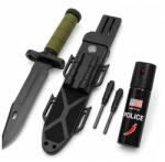 Depox Set cutit cu amnar, ascutitor si spray autoaparare chili, DEPOX® , 32 cm/60 ml, teaca multifunctionala, verde military (1364)