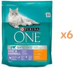 PURINA ONE Coat & Hairball 6x800 g hrană pisici adulte, cu pui și cereale integrale, pentru blană și ghemotoace de păr