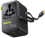 Baseus EU, UK, US, AU utazó EnerCore CG11 hálózati USB-C töltő adapter, 70W, 10A, 1 x USB-C - 2 x Schuko - 2 x USB-A, USB-C kábellel, fekete