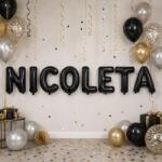Flippy Baloane Folie Metalizate, Flippy, Set NICOLETA, Heliu sau Aer, Pai inclus, 40 cm, Negru (177613)