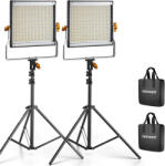Neewer Kit profesional iluminare studio cu 2 panouri LED video, suporturi reglabile, difuzoare si genti transport, lumina bicolora 3200K-5600K, CRI 96+
