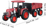  Macheta Tractor rosu cu remorca metalica Die-Cast, capota mobila scara 1/24
