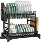 MACVI Macvi® emeletes edényszárító, 2 szintes, evőeszköz- és pohártartóval, csepegtetőtálca, strapabíró fém, 42x30x29 cm, fekete (MCV-2111)