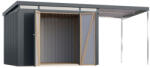 Karibu Iridium 3. Antracit színű fém kerti tároló, kerti fészer 2 méteres bővítménnyel/terasszal, 497 cm x 209 cm
