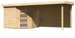 Karibu Schwandorf 5. Natúr fa 5 oldalas kerti tároló, fészer tetővel, hátfallal rendelkező bővítménnyel/terasszal, modern dizájnnal, 497 cm x 246 cm