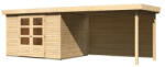 Karibu Askola 5. Lapostetős, nagyméretű kerti ház, kerti tároló, hátfallal rendelkező bővítménnyel/terasszal, natúr fából 557 cm x 246 cm