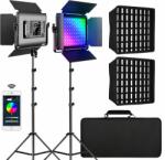 GVM Panou video GVM RGB cu Softbox, Set 2 x LED 45W, 15000 Lux 0.5 m, CRI97+, 3200K-5600K, Control prin aplicatie, 2 stative, geanta transport