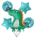 Flippy Set 5 Baloane folie de aluminiu, Flippy, Figurina Dinozaur, pentru aniversare HAPYY BIRTHDAY, Stelute Albastre si Baloane Albastre, 50 - 70 cm (129709)