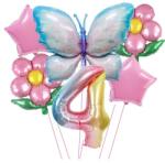 Flippy Set baloane aniversare cu numere, din folie de aluminiu, 6 piese, 2 flori, 2 stelute, 1 fluture, 1 cifra, Multicolor, Cifra 4 (129913)