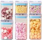 Flippy Cutii de Depozitare Alimente, Flippy, Set din 6 Cutii de tip Container, 2x0.5 l, 2x0.8 l, 2x1.2 l, Recipiente pentru Cereale in Bucatarie, Transparente cu Capac Albastru-Alb (134629)