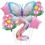 Flippy Set baloane aniversare cu numere, din folie de aluminiu, 6 piese, 2 flori, 2 stelute, 1 fluture, 1 cifra, Multicolor, Cifra 2 (129911)