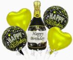 Flippy Baloane pentru aniversare, Flippy, tematica Happy Birthday, set 5 baloane, 1 Sticla Sampanie 103 x 94 cm, 2 inimi, 2 rotunde, din folie de aluminiu, pai de carton inclus, Negru Auriu (129920)