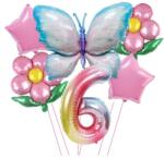 Flippy Set baloane aniversare cu numere, din folie de aluminiu, 6 piese, 2 flori, 2 stelute, 1 fluture, 1 cifra, Multicolor, Cifra 6 (129915)