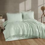 CLASY® Home Set pique 4 piese Clasy Velda v2 Verde Salvie, cuvertură gofrată cu ciucuri, bumbac 100%
