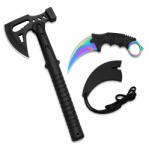 Depox Set topor otel inoxidabil si Cutit-Karambit, Rainbow Star DEPOX®, negru/multicolor, 42 cm/18.5 cm, teaca inclusa (1391)
