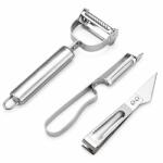 Flippy Accesorii de Curatat Decojit Fructe Legume, Flippy, Set 3 Piese, Feliator Cutit Decojitor, Legume si Fructe, din Otel Inoxidabil, cu Maner, Argintiu (132145)