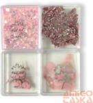  4 Részes Rózsaszín Körömdíszítő Szett - Qqs-2504190 Pink - Glitter, Fólia, Kagylóhéj Darabok, Szárított Virágok (QQS-2504190)