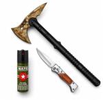 Depox Set topor SurvivormBriceag Automat din Oțel 440C si Spray Autoapărare NATO 39 cm/60 ml/16 cm, husa inclusa (1535)