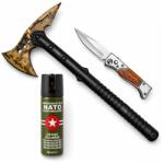 Depox Set topor SurvivormBriceag Automat din Oțel 440C si Spray Autoapărare NATO 39 cm/110 ml/16 cm, husa inclusa (1536)