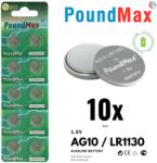 PoundMax AG10 / LR54 alkáli gombelem, 1, 5 V - 10 db-os csomag