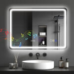 HomCom Oglindă de Baie cu LED 70x50 cm cu Bluetooth 3 Culori de Lumină Ceas Digital Funcție Antighear Funcție de Memorie | Aosom Romania (834-849V02SR)