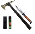 Depox Set secure supravietuire, briceag vanatoare si spray autoaparare DEPOX®, otel inoxidabil, verde, 40 cm/22 cm/60 ml, teaca inclusa (1852)