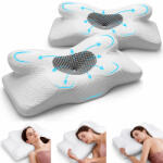 Linomag Set 2 Perne Ortopedice Cervicale pentru dormit Linomag®, Spuma cu Memorie, Forma de fluture, Husa lavabila, Suport pentru cap, gat, umeri si brate, Alb/Gri inchis, 34 x 60 x 13 cm (pdagix2)