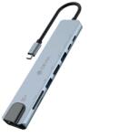 DEVIA Pro1 Type-C hub 8in1 (elosztó, 2 USB, 2 Type-C, HDMI, RJ45, SD/microSD kártyaolvasó, 100W, PD gyorstöltő, szürke) (EC706)
