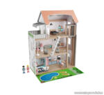 PlayTive (SZÁLLÍTÁSI SÉRÜLT / K225490) PlayTive 3 szintes XXL elektromos világító rózsaszín fa babaház lépcsővel, lifttel és bútorokka, 64 x 80 x 31 cm, 54 részes