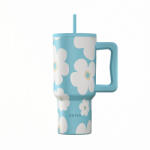 Estia Home Art Straw Tumbler XL Save The Aegean Reciclabil Pahar Cu Mâner Termos Oțel Inoxidabil Fără BPA 900ml Albastru Daisy Cu Pai Și Mâner 01-41618 (01-41618)