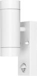 TRACON Tracon SPGU10IPFS2F Oldalfali spot lámpatest mozgásérzékelővel, kültéri, fehér 100-240VAC, 50Hz, 2xGU10, max35W, 10s-4min, max 8m, 3-2000lx, IP44 (SPGU10IPFS2F)
